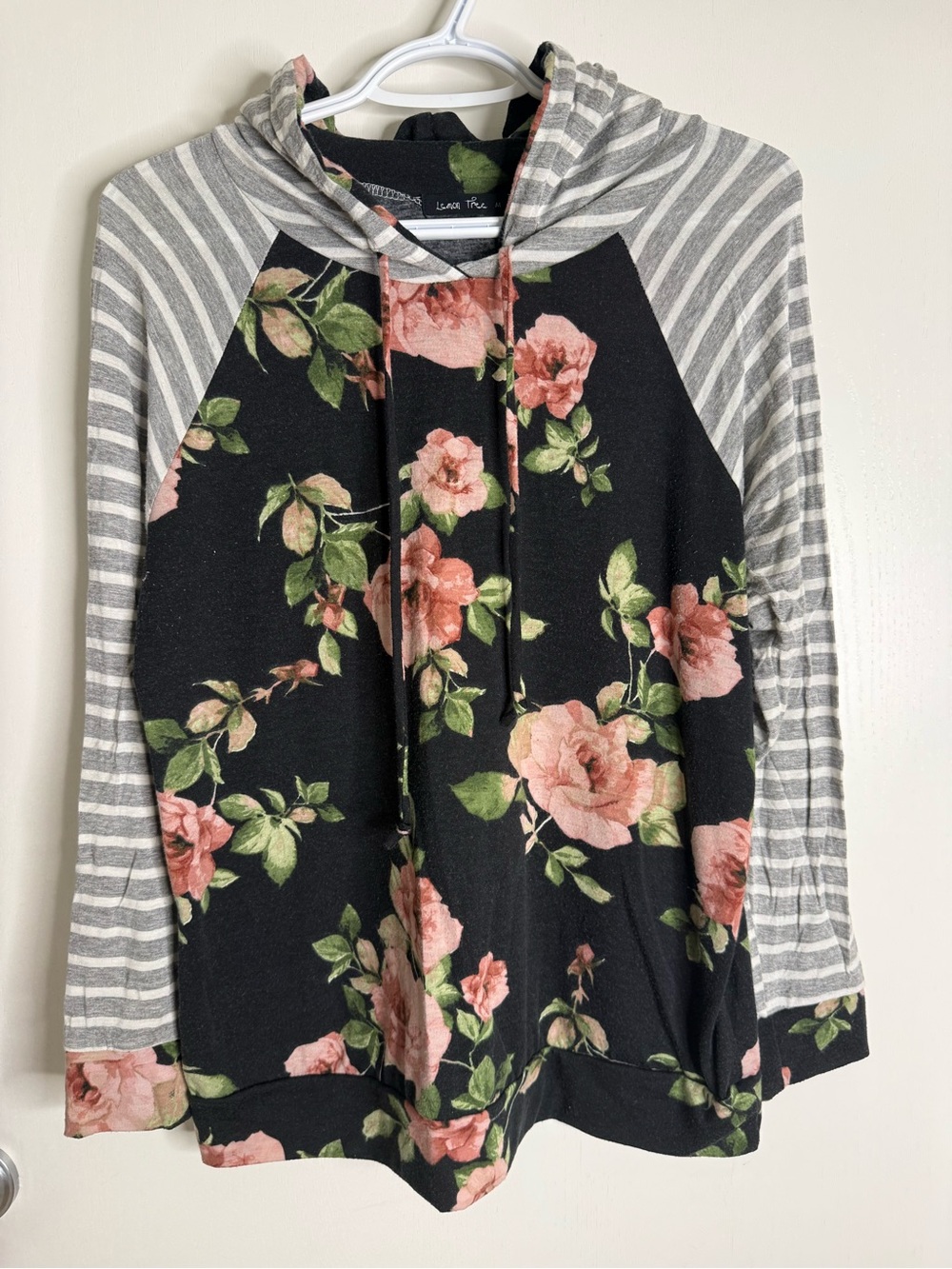 Lemon Tree Long Sleeve Hooded Top Floral Print with Grey/White Striped Sleeves